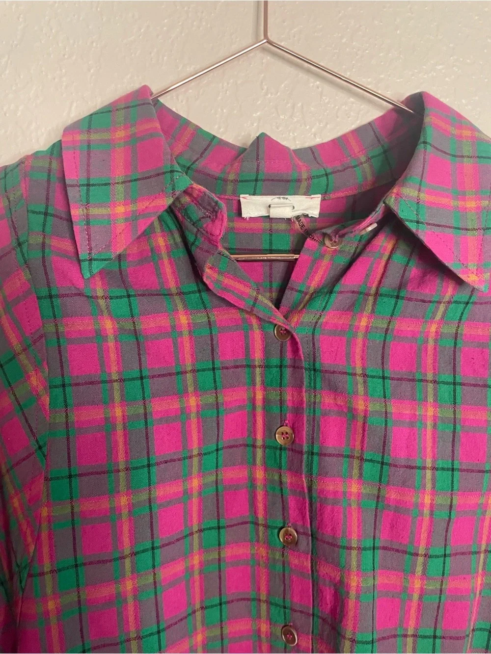 Entro Pink Green Plaid Oversized Pima Cotton Button Up Small - Picture 7 of 12